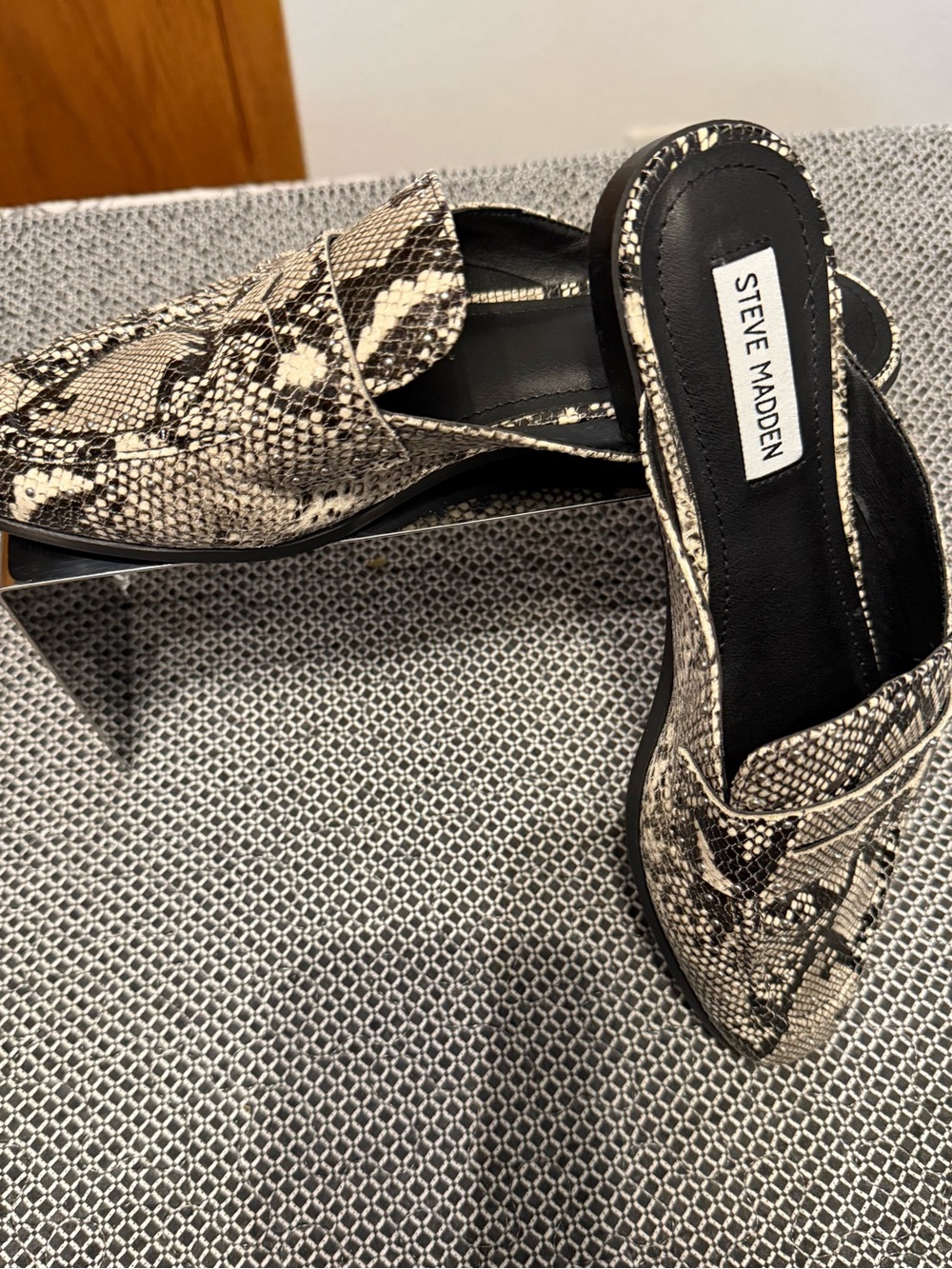 Steve Madden Snake-Print Mules Black and White. Available in a size 7 1/2.